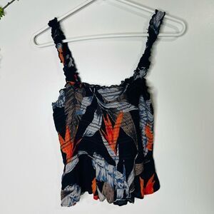 Patrons of Peace Blue Marine Tropical Flocked Tank Top Elastic Shirring NWT!